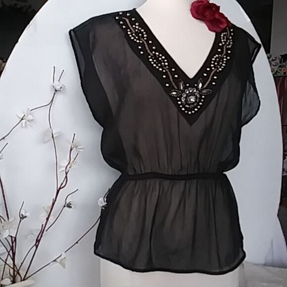 Charming Charlie Sheer Sparkly Gem Bead Embellished Black Blouse Size Small - Picture 4 of 10